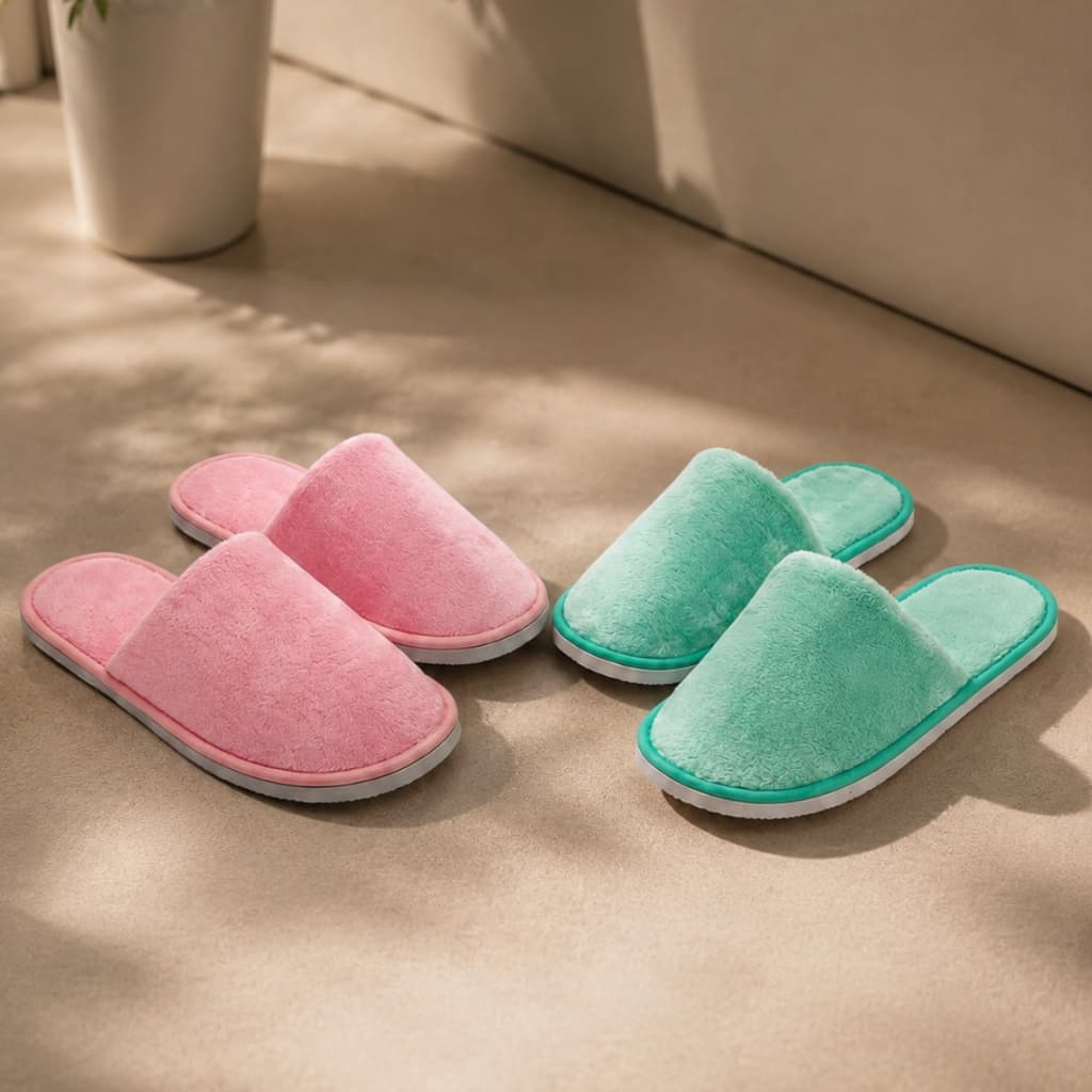 Pantufa Feminina Rosa e Verde Pantufa Flat Lã Confortável E Macio Chinelo Quentinho