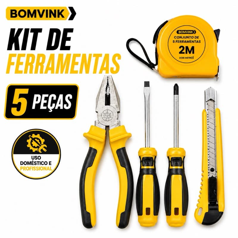 Kit Ferramentas 5 Peças Completo Profissional com Alicate Trena Chaves e Estilete Resistente