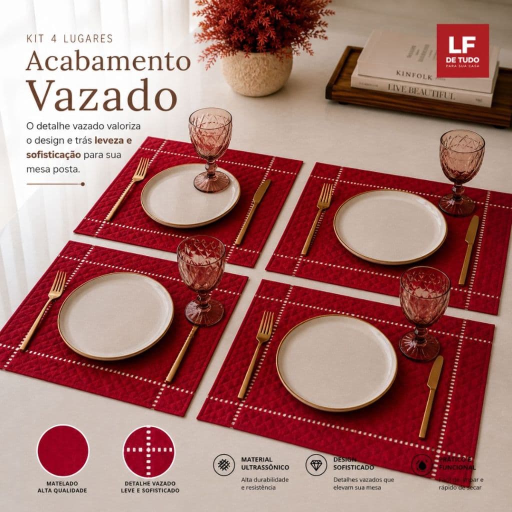 Kit com 01 Jogo Americano Retangular de 4 Peças Para Mesa Jantar Luxo Elegante medidas 48cm x 33 cm larg