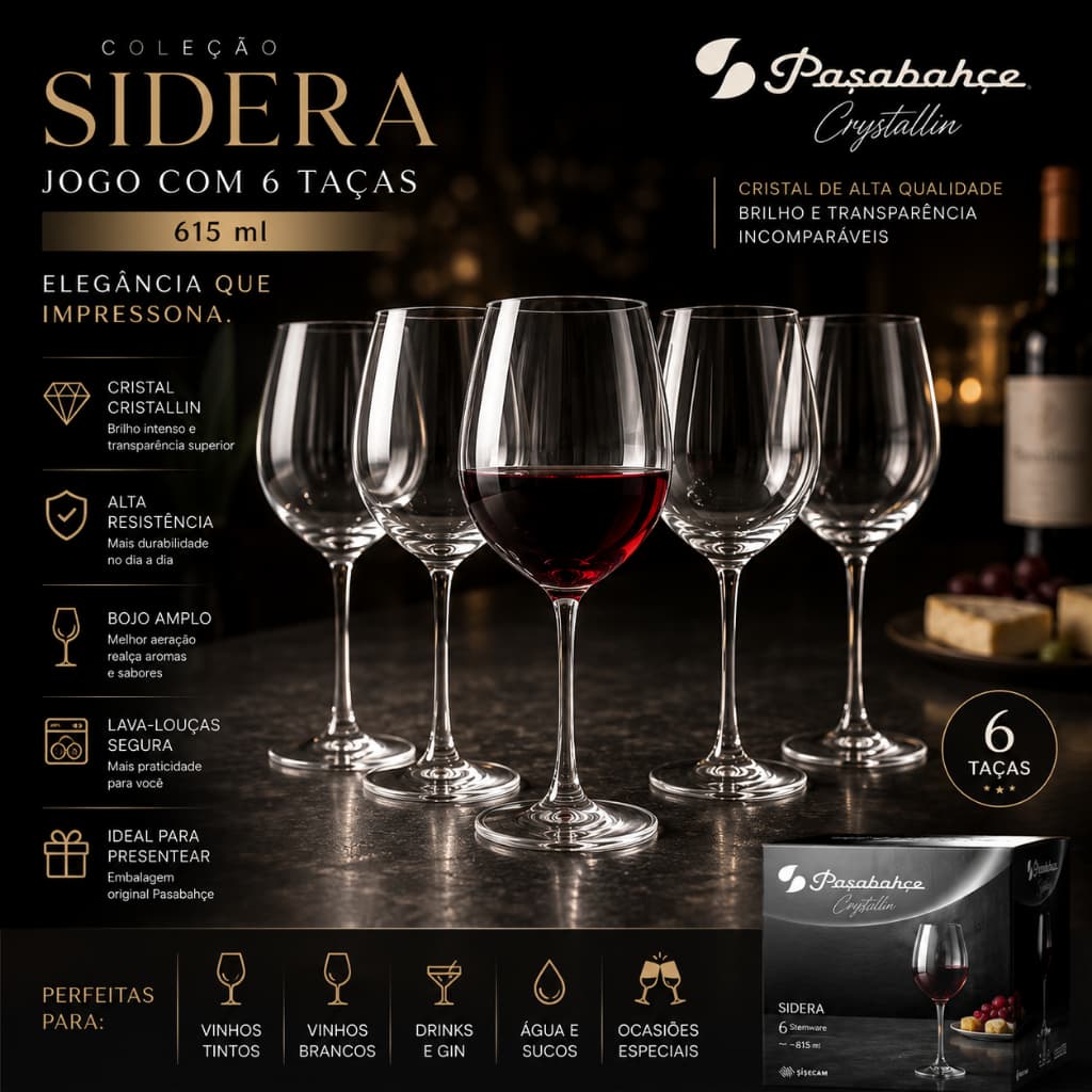 Jogo 6 Taças de Cristal 440ml 615ml Pasabahçe Champanhe Sidera Vinho Água Gin Cristallin Premium Transparente Enxoval