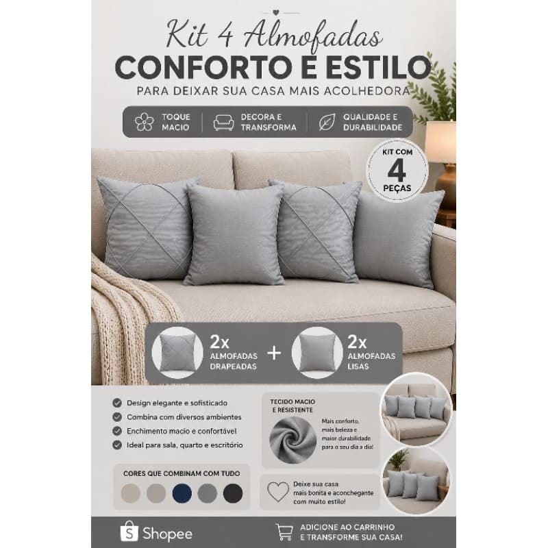 Kit Capas de Almofadas Sendo 2 Suede Lisa e 2 Suede Premium Drapeadas