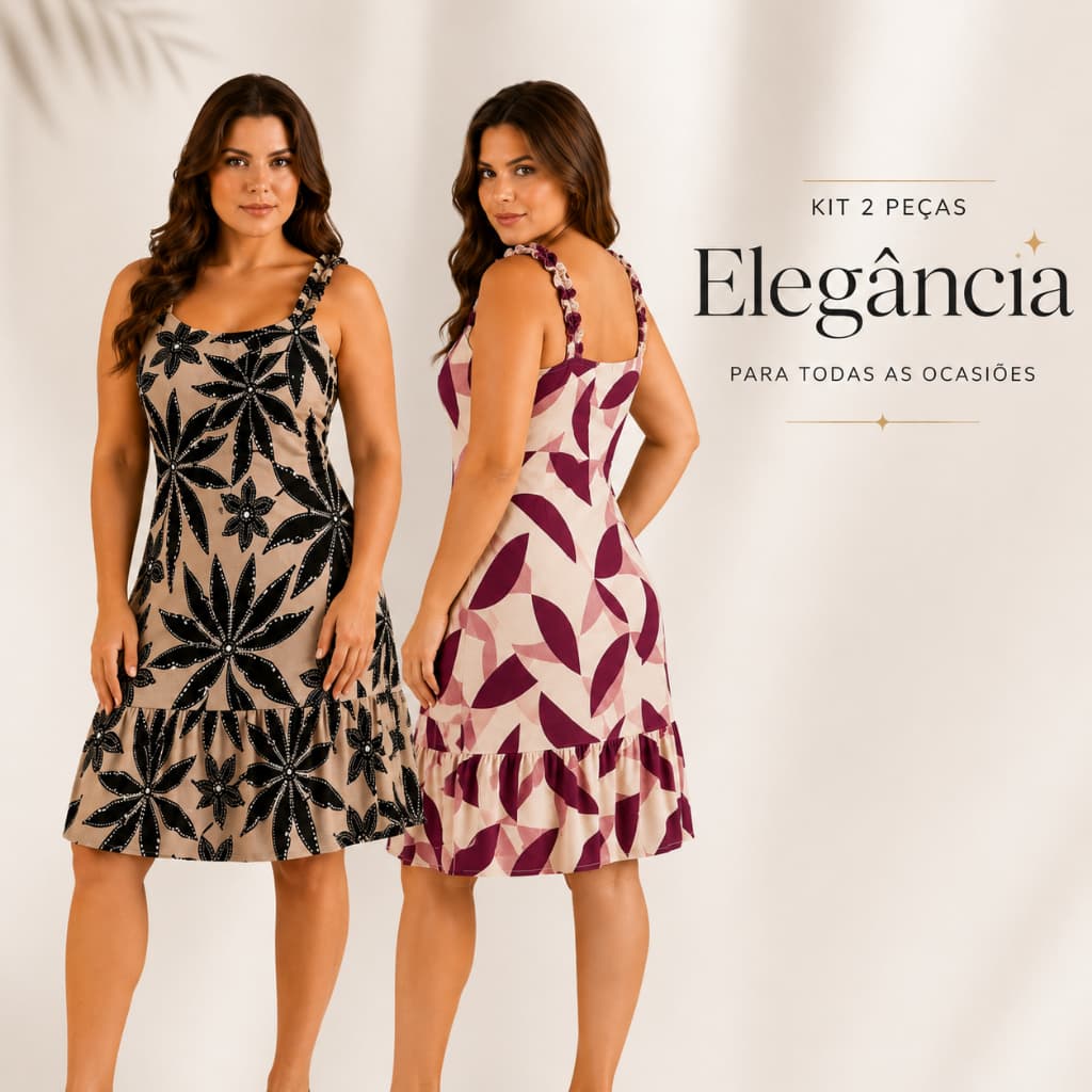 Kit 2 Peças Vestido Feminino Crepe  Alça com Elástico Vestido Casual Moda  Estampado
