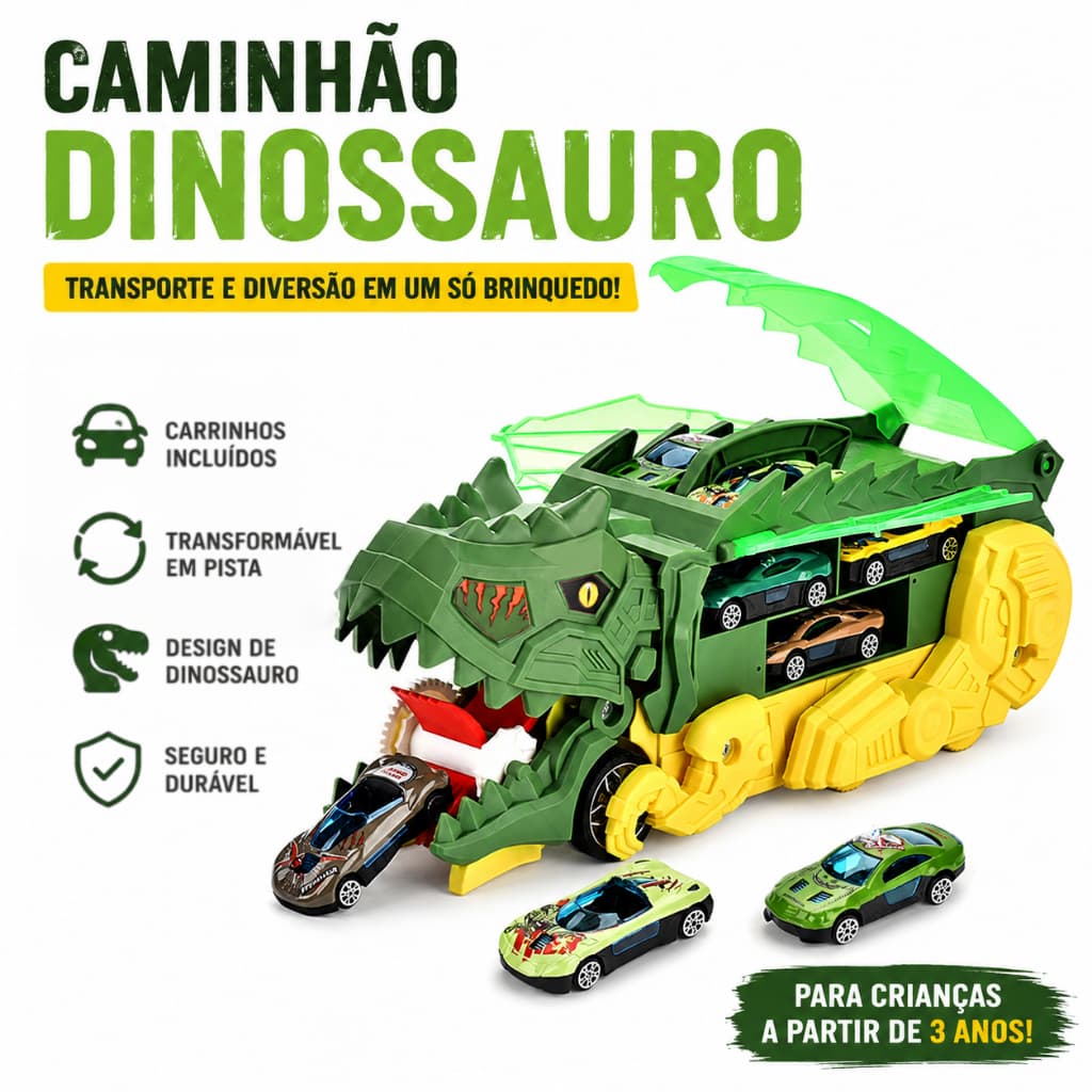 Caminhão dinossauro devora carros Brinquedo de transporte de carros 2 em 1 com trilhos