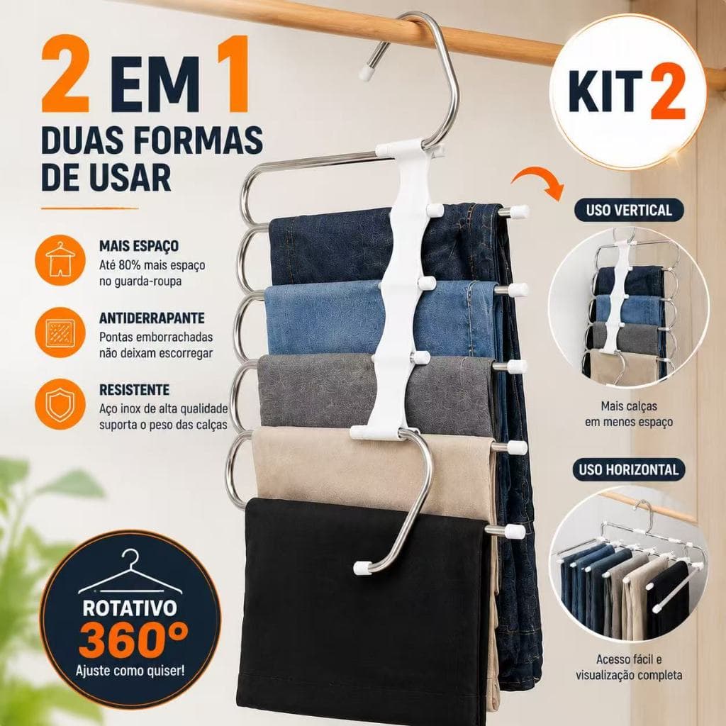 Ambito Dlux Kit 2 Cabide Para Calças Organizador Aço Inox Multifuncional 5 Divisórias Dobrável