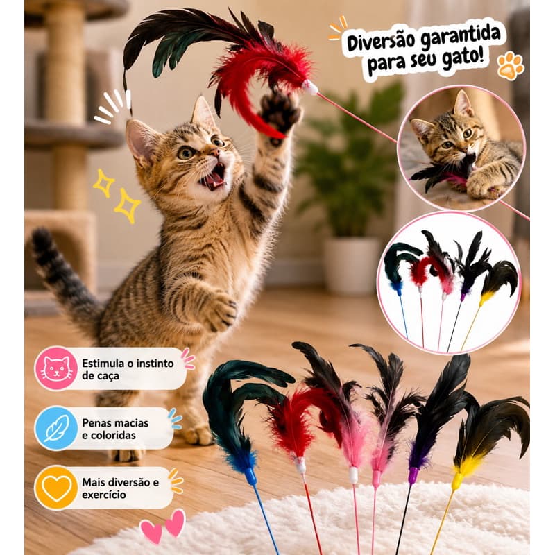 Brinquedo Interativo para Gatos com Penas Coloridas – Varinha para Gatos
