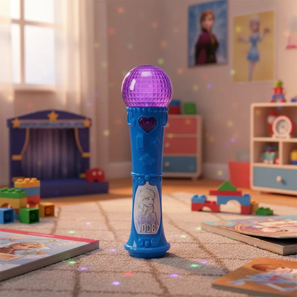 Microfone Infantil Frozen Princesa Etitoys Azul Com Luz e Som Brinquedo Musical Sem Fio Kit de Beleza Kit Miçanga