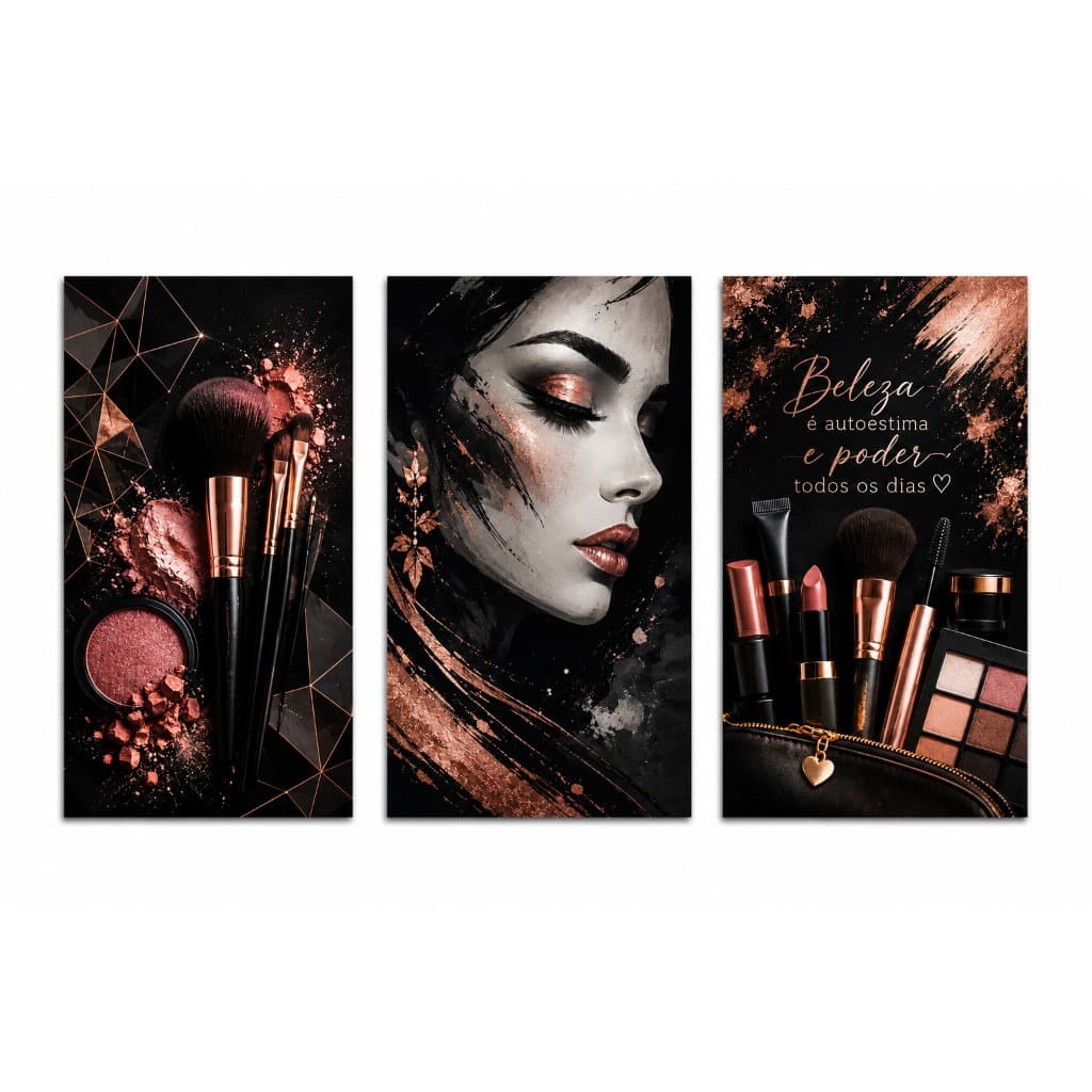 Quadro Decorativo Kit 3 Peças Maquiagem Pincéis Cosméticos Studio Beauty