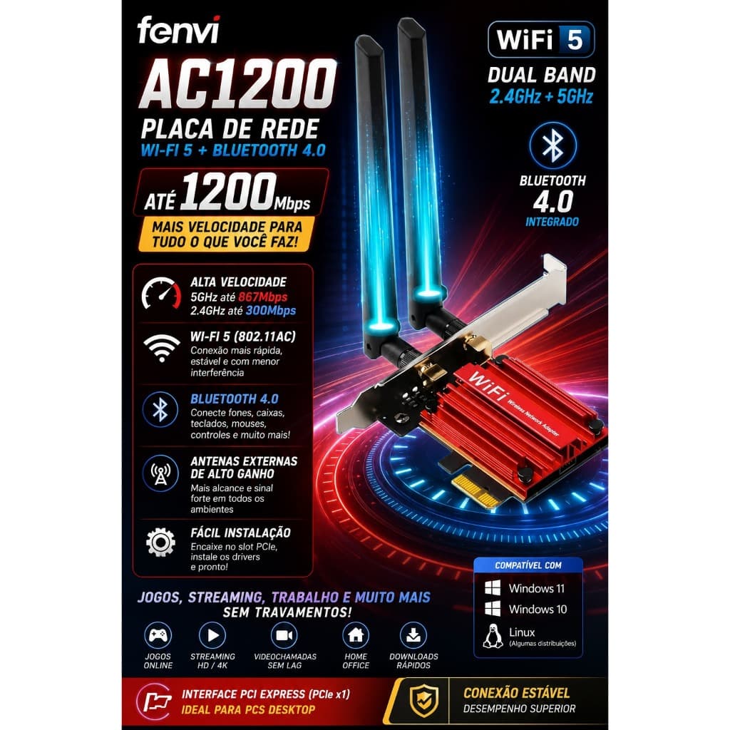 PLACA DE REDE WI-FI5 E BLUETOOTH 4.0  FENVI AC1200 DUAL BAND 2.4G/5G PCI-EXPRESS