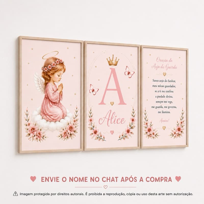 Kit 3 Quadros Infantil Personalizado Nome e Inicial Anjo da Guarda Quarto Bebê Menina MDF
