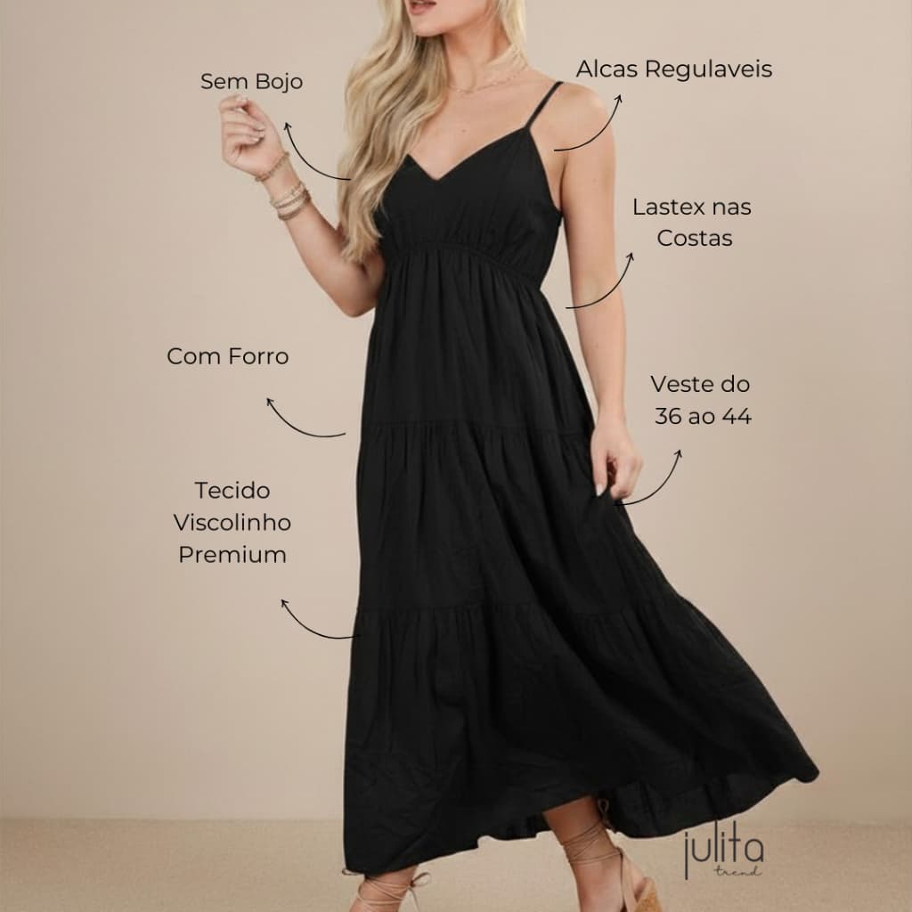 Vestido Feminino Longo Estampado Romântico Alcinha Regulável Lastex nas Costas no Viscolinho Forrado