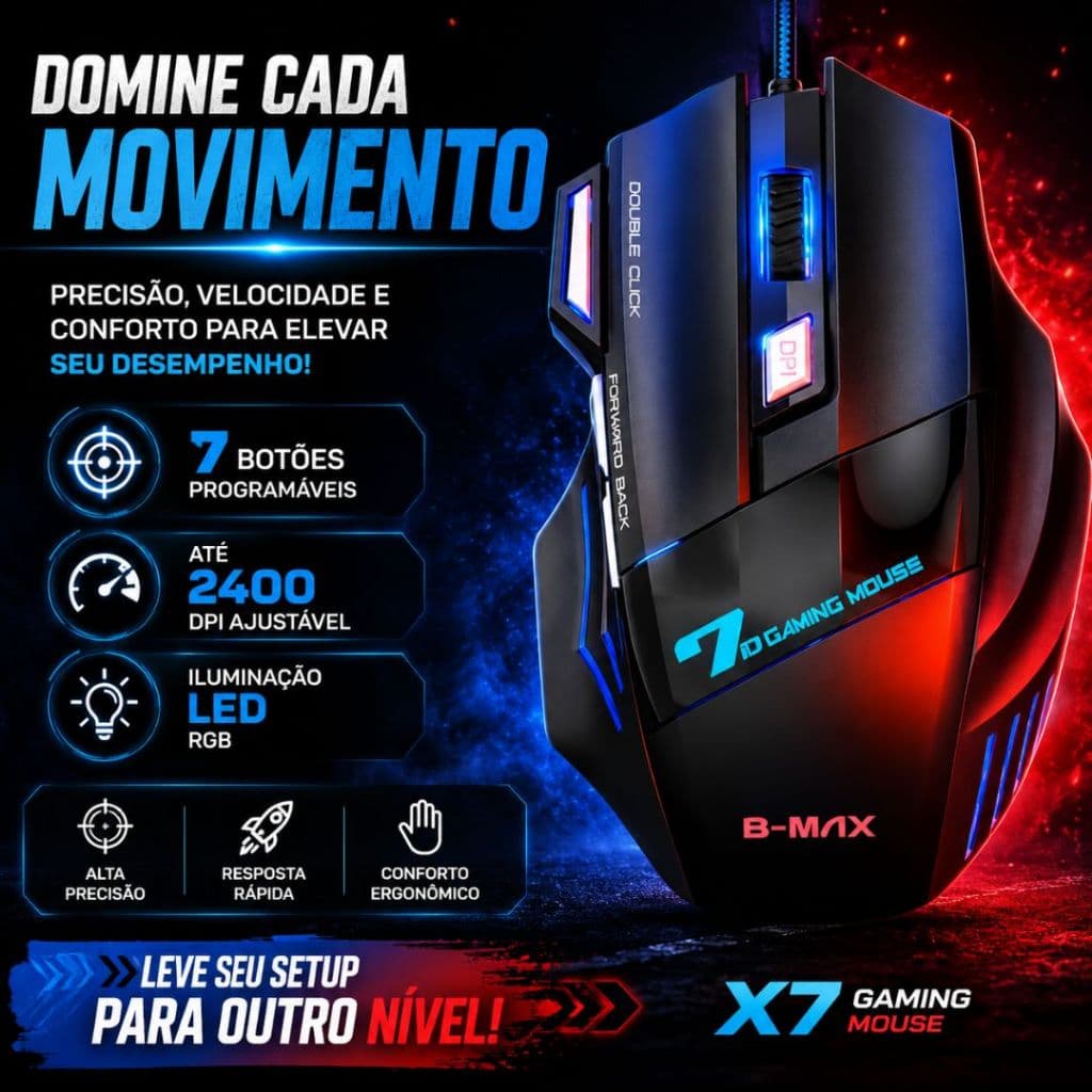 Mouse Gamer  2400DPI Ajustável  LED USB  7 Botões
