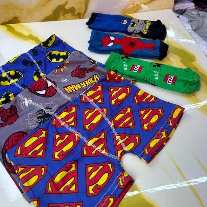 Kit 3 Cuecas + 3 Meias Divertida100% Algodão Personagem 6 Peças