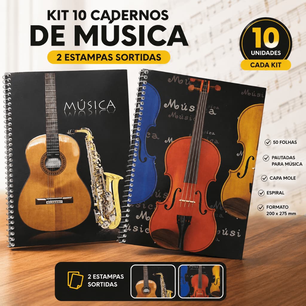 Kit 10 Caderno De Música Espiral 50 Folhas Capa Mole Pautado São Domingos 200x275 Escolar