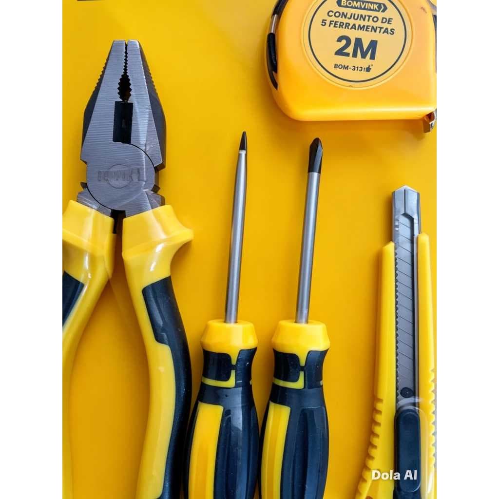 Kit de Ferramentas Bomvink 5 Peças com Alicate, Chaves de Fenda e Philips, Estilete e Trena 2 Metros