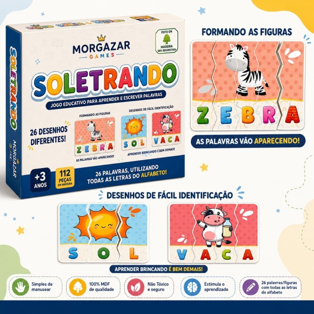 Quebra cabeça Soletrando 112 peças Madeira Brinquedo Educativo Pedagógico Alfabetização