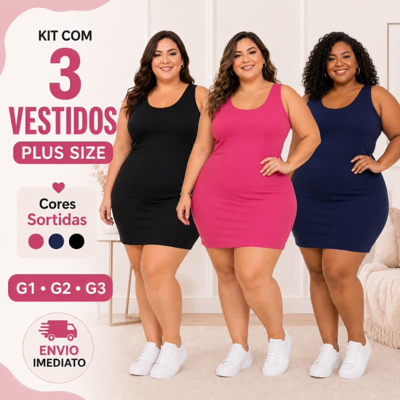 Kit 3 Vestidos Plus Size Feminino Curto Regata Básico Cores Sortidas G1 G2 G3 Malha Confortável