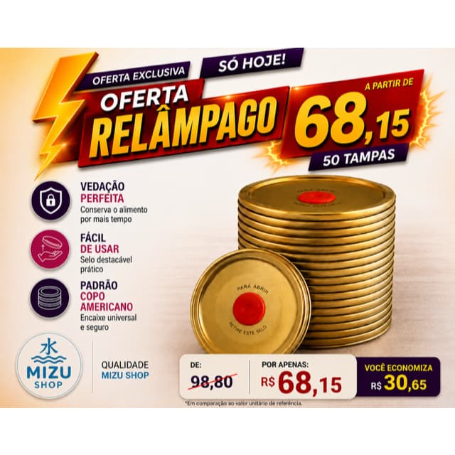 Tampa abre fácil alumínio 67mm kit c/50 tampas- Lacre silicone fechamento à vácuo - copo americano