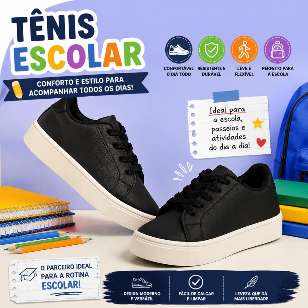 Tênis Infantil Menino Escolar Solado Branco Estiloso Para Passeio E Brincar