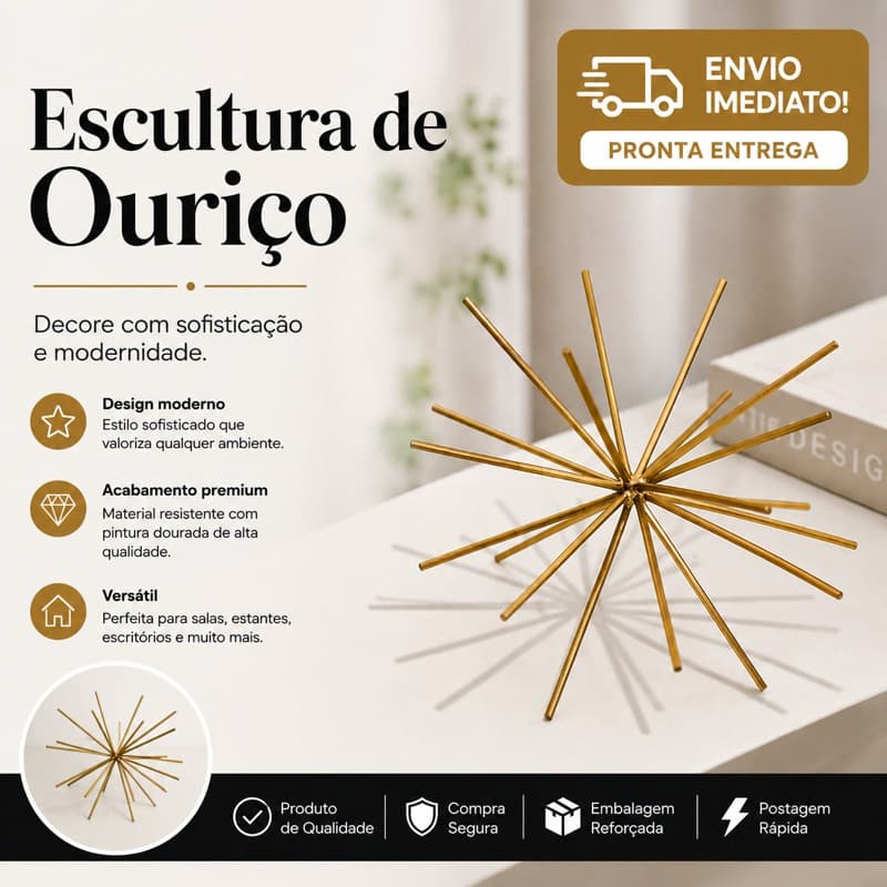 Escultura Decorativa Ouriço em Metal Dourado 18cm Enfeite de Mesa Sala Aparador Luxo