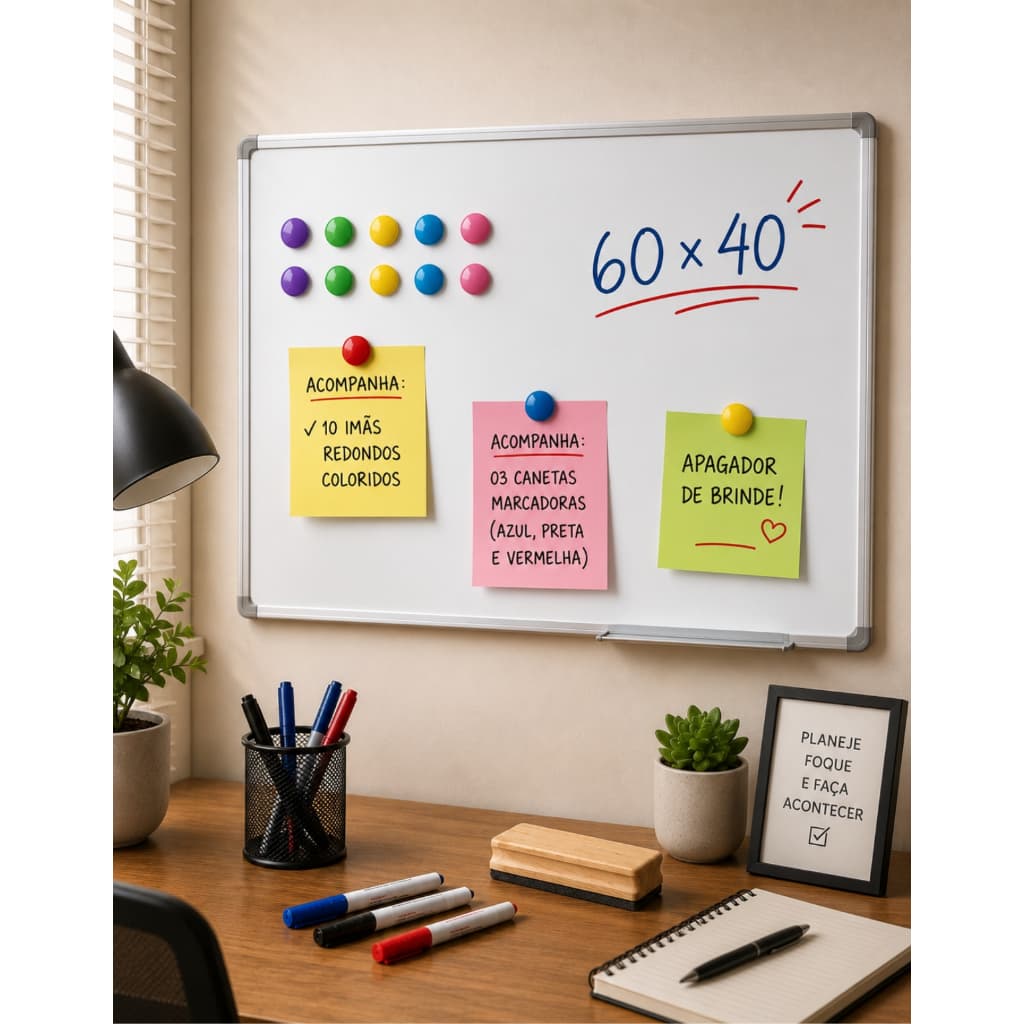 Quadro Branco Magnético 60x40 Alumínio com 3 Canetas Apagador 10 Imãs Mural Recados Escritório Escola Home Office