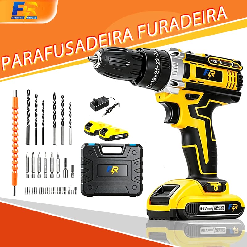 Parafusadeira Furadeira Sem Fio Impacto 48V 3 funções Kit Completo com 2 Baterias