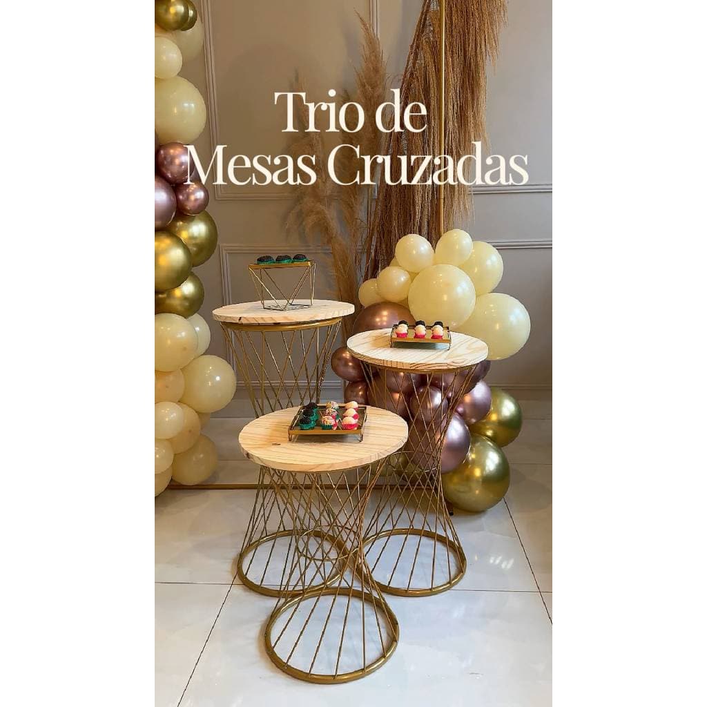 Kit Trio De Mesas Trançados Dourados Em Ferro Para Festas E Decoração