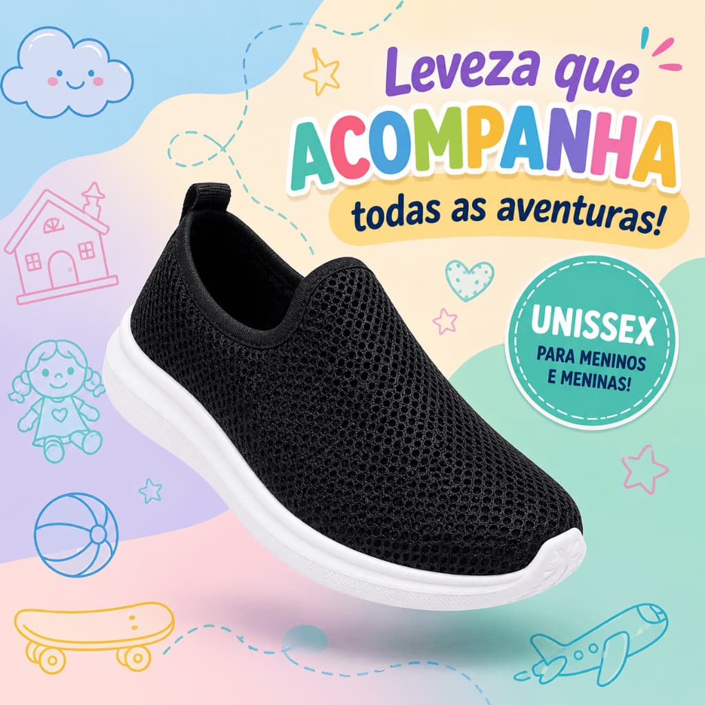 Tênis Infantil Casual 26-33 Menino Menina Preto Calce Fácil Leve Respirável Macio Escola Passeio Diário