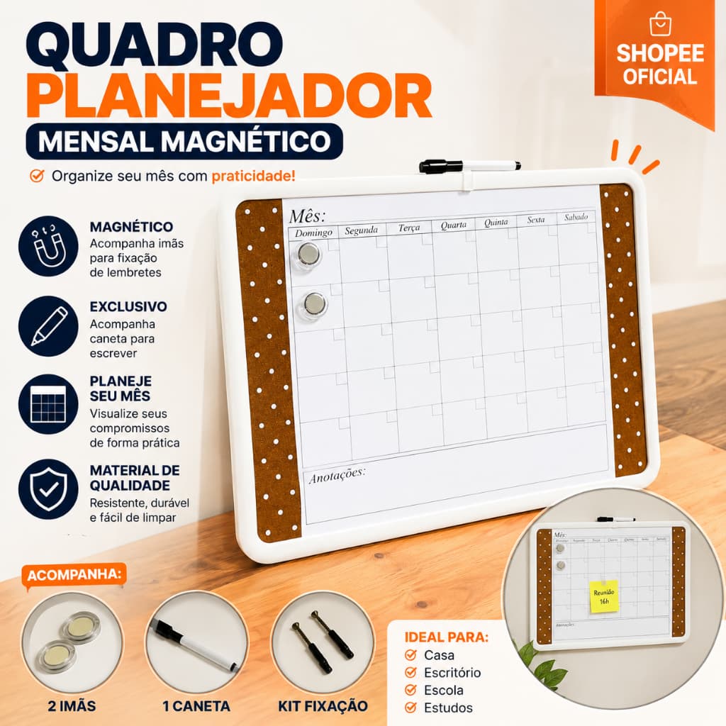 Lousa Quadro Branco Magnético Planner Semanal E Mensal 43x58 Cm Magnética Organizador Alfinete