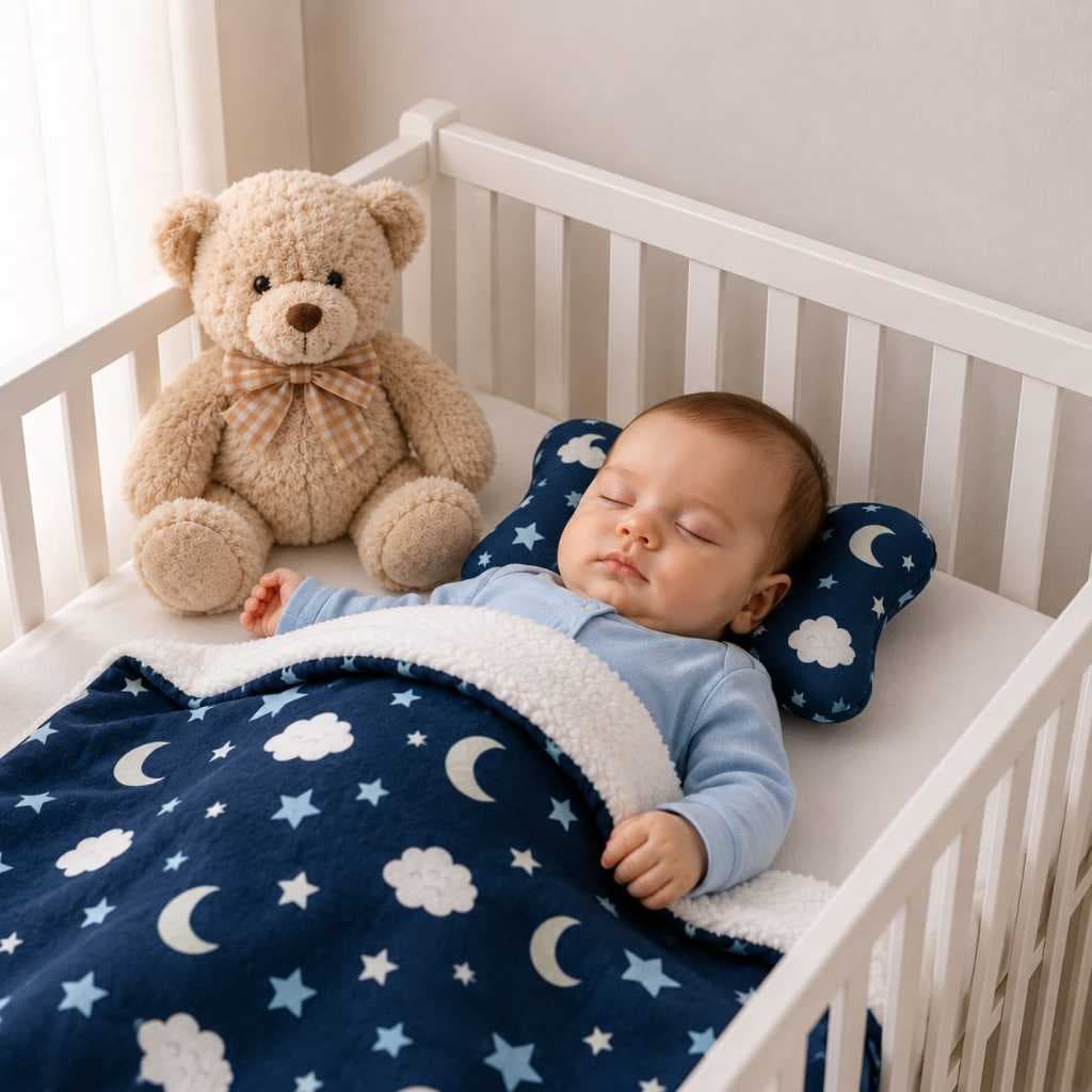 Kit Travesseiro Anatômico + Manta com Sherpa para bebê | Enxoval | Berço