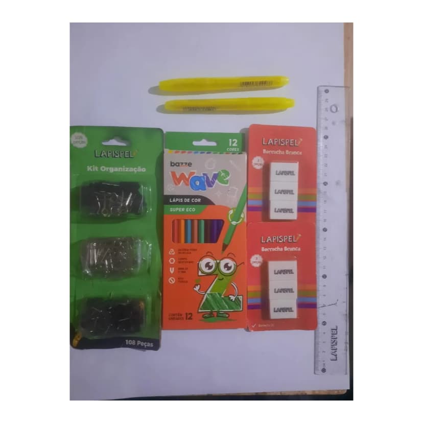 kit papelaria escritório régua marca texto lápis cor clips borracha