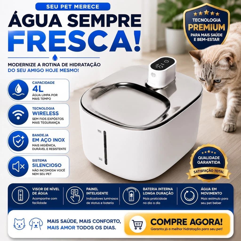 Fonte de Água para Gatos e Cães 4L Inox Wireless Bebedouro Pet Silencioso com Filtro Branco