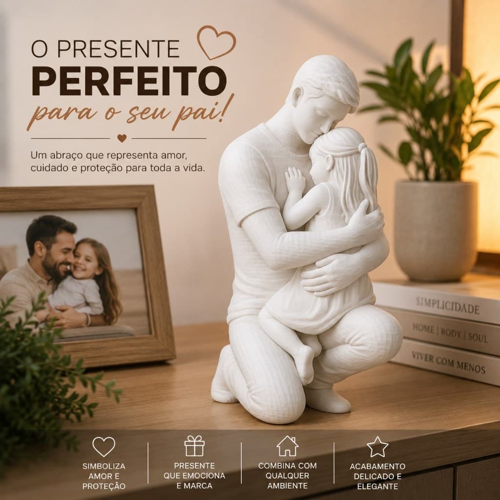 Estátua Pai e Filha Abraçados Decoração Presente Dia dos Pais Enfeite Decorativo Minimalista Mesa Sala Quarto