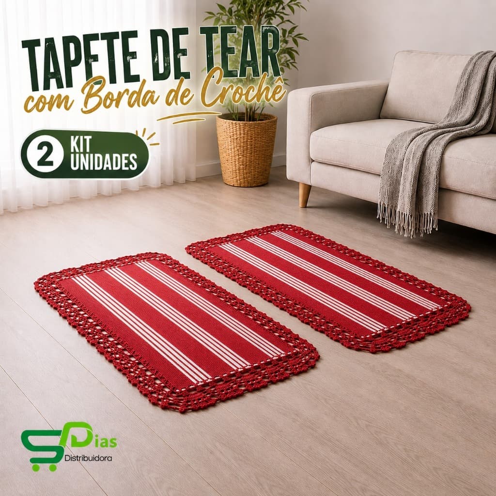 Kit 2 Tapetes de Tear Borda de Crochê para Casa — Combo Sala Cozinha Quarto Durável Antiderrapante