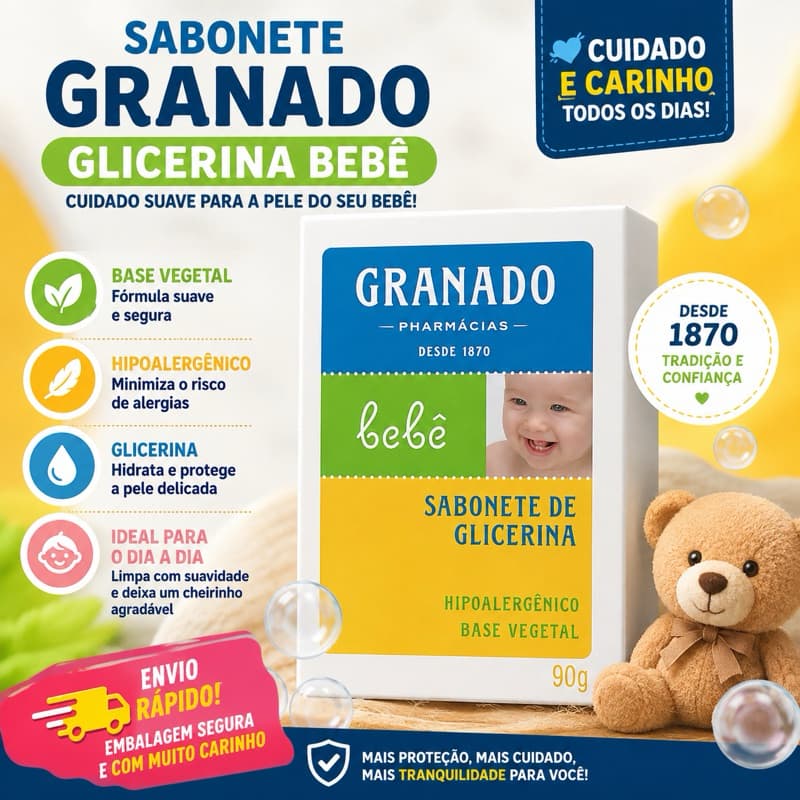 SABONETE GRANADO BEBÊ GLICERINA 90G HIPOALERGÊNICO BASE VEGETAL PELE SENSÍVEL ORIGINAL - O MELHOR SABONETE