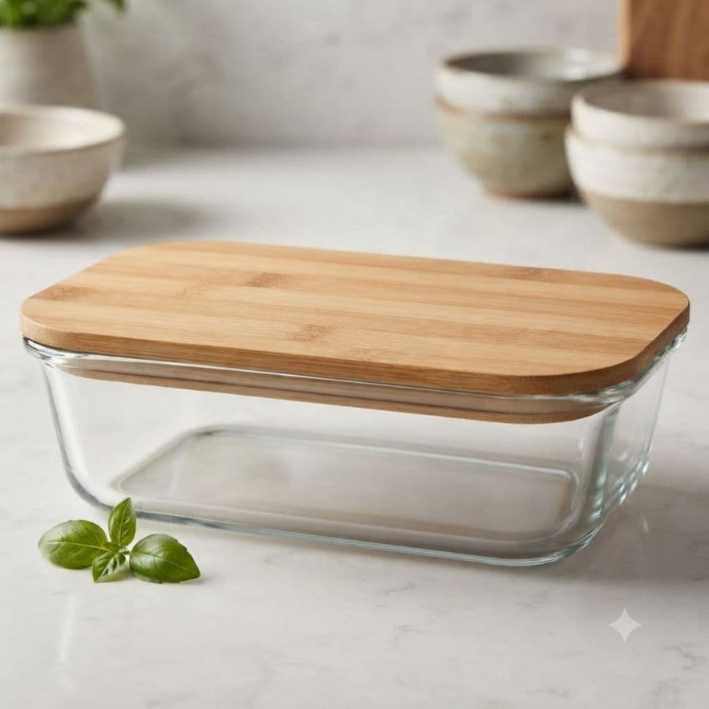Pote Vidro Hermético Retangular Tampa Bambu 600ml Armazenamento Frescor Cozinha Sustentável