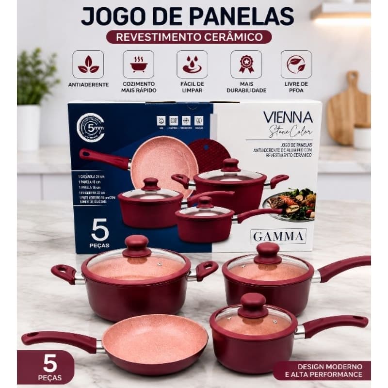 Jogo De Panelas Cerâmica Antiaderente 5 Peças Vienna Stone Color Gamma Kit Panela Granito Tampa Vidro