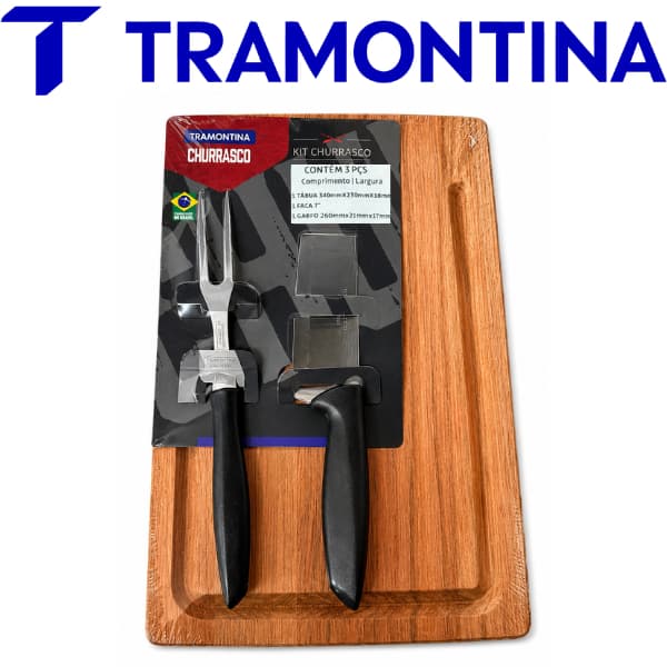 Kit Churrasco com Tábua de Madeira + Faca 7" + Garfo Trinchante