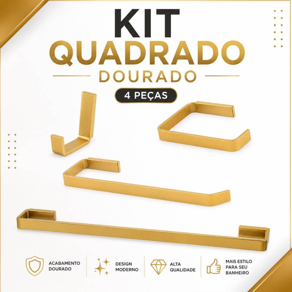 Kit Acessórios Banheiro Quadrado Dourado 4 Peças Luxo Metal