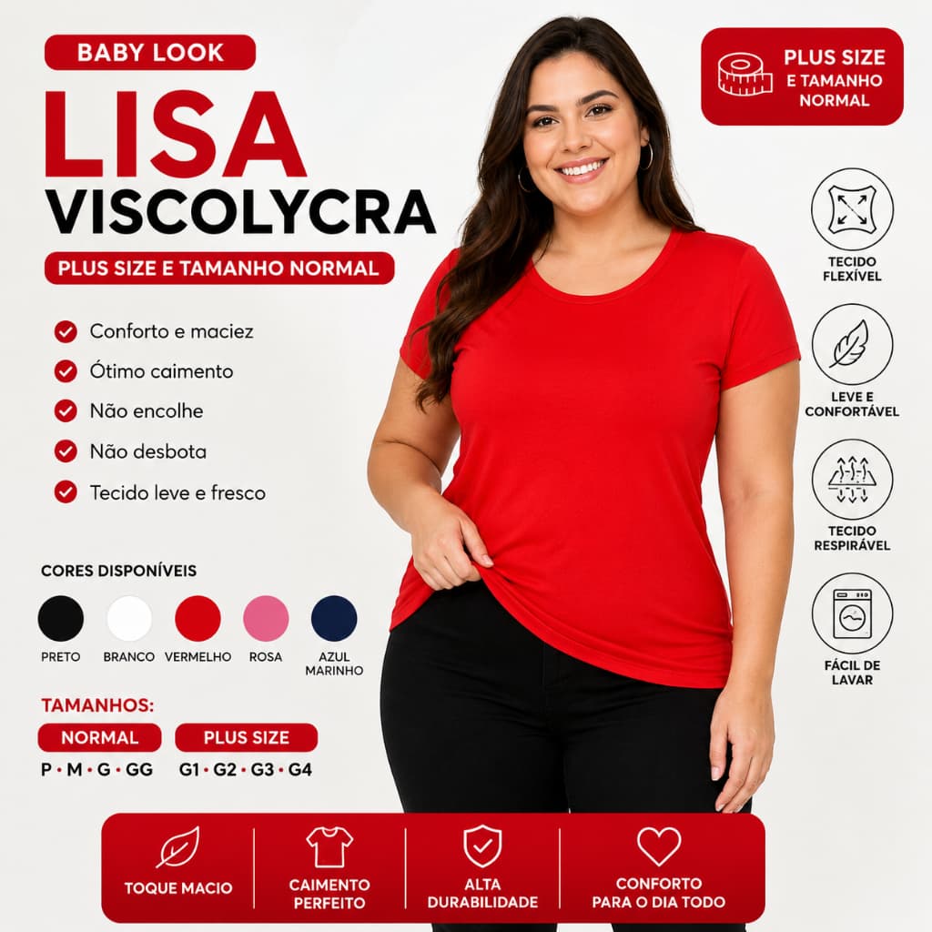 Baby Look Lisa de Viscolycra Plus Size e Tamanho Normal