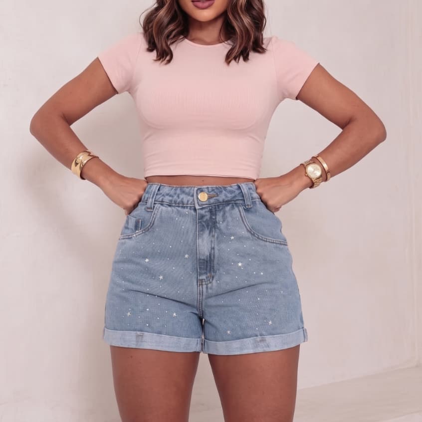 Short Jeans com Brilho Estrela Feminino Cintura Alta Bermuda 100% Algodão Estilo Blogueira Casual