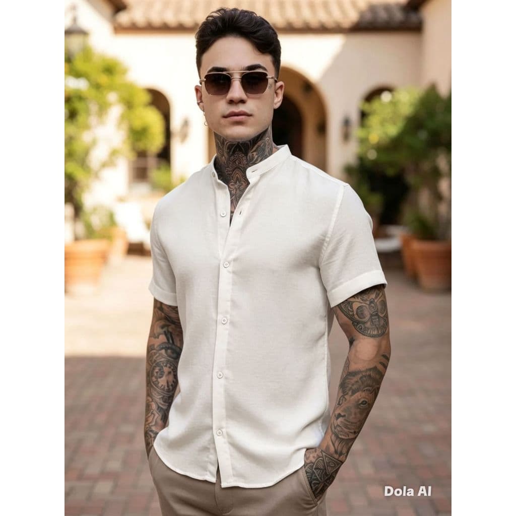 Camisa Masculina Social Linho Gola Padre Manga Curta Premium Não Amassa