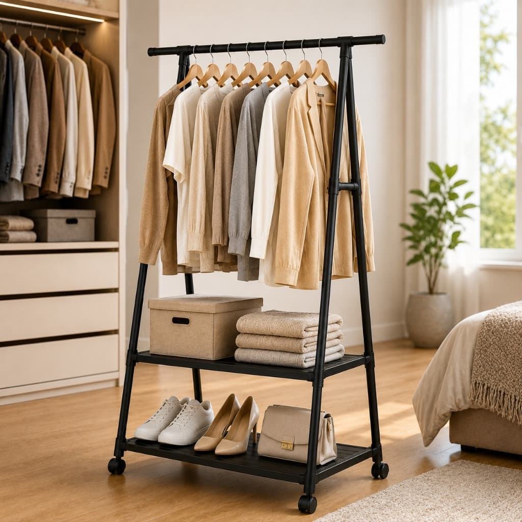 Arara Multiuso Para Roupas Fixa Com Prateleiras - Preta