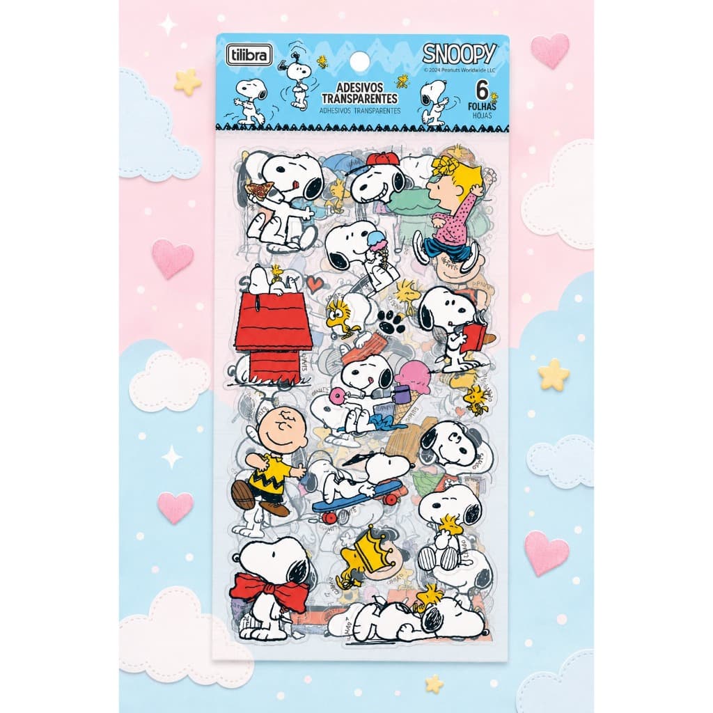 Cartelas com 6 Folhas de  Adesivos Transparentes Snoopy - Tilibra