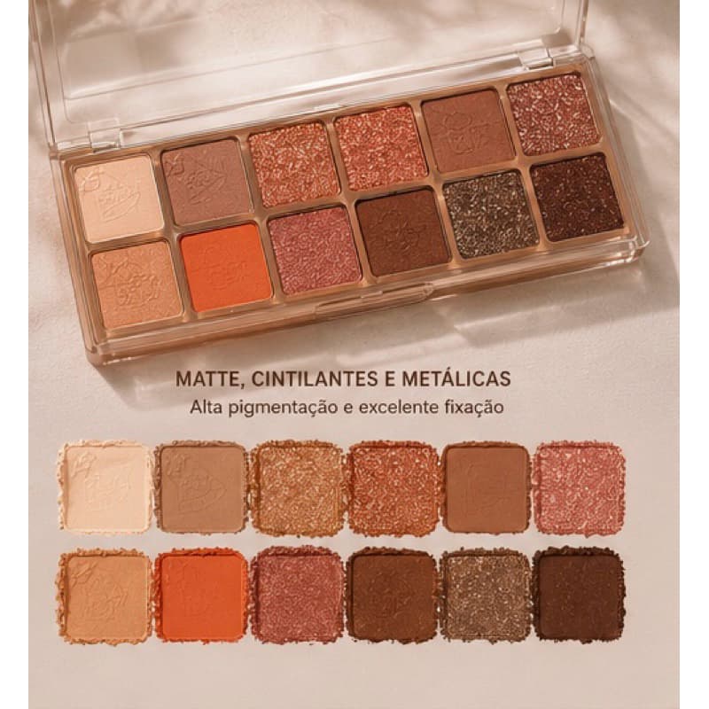 Paleta de Sombras Melana 12 Cores Nude Matte e Cintilante Alta Pigmentação e glitter + 4 Acessórios Decorativos