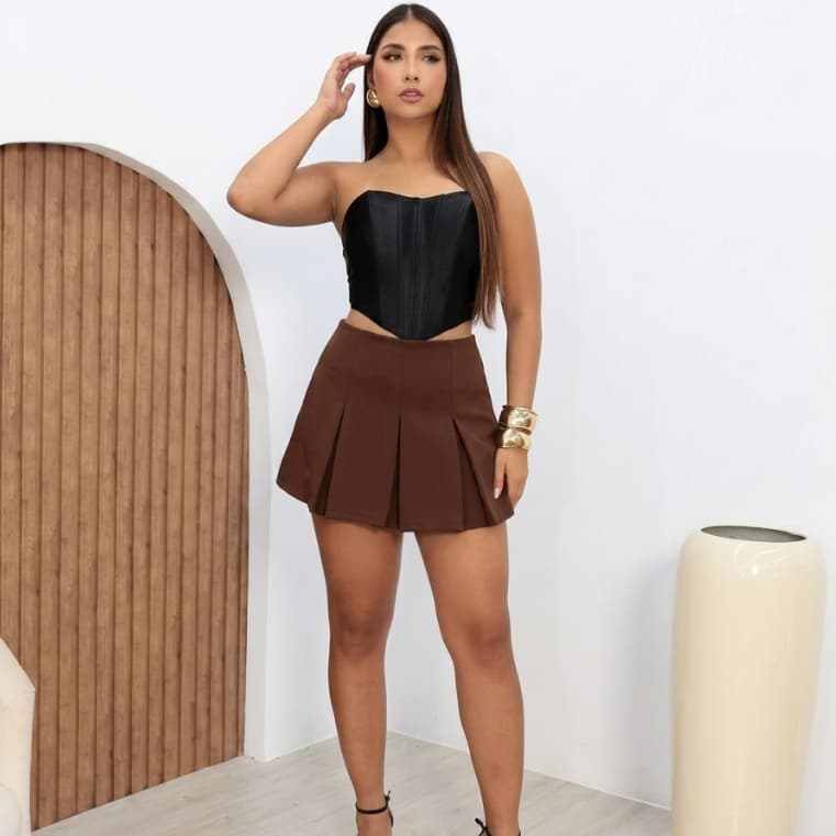 Short Saia Feminino Plissado Cintura Alta Casual Elegante Moda Blogueira Várias Cores