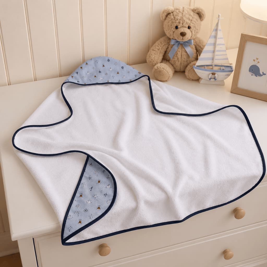 Toalha de Banho Bebê com Capuz 100% Algodão Menino Marinheiro Absorvente 70x75cm