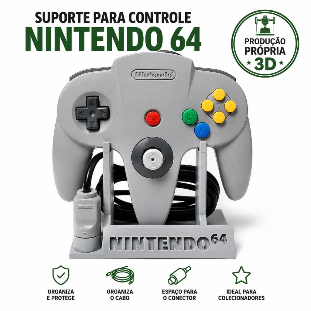 Suporte para Controle Nintendo 64 N64 | Organizador de Mesa | Expositor Gamer | Impressão 3D
