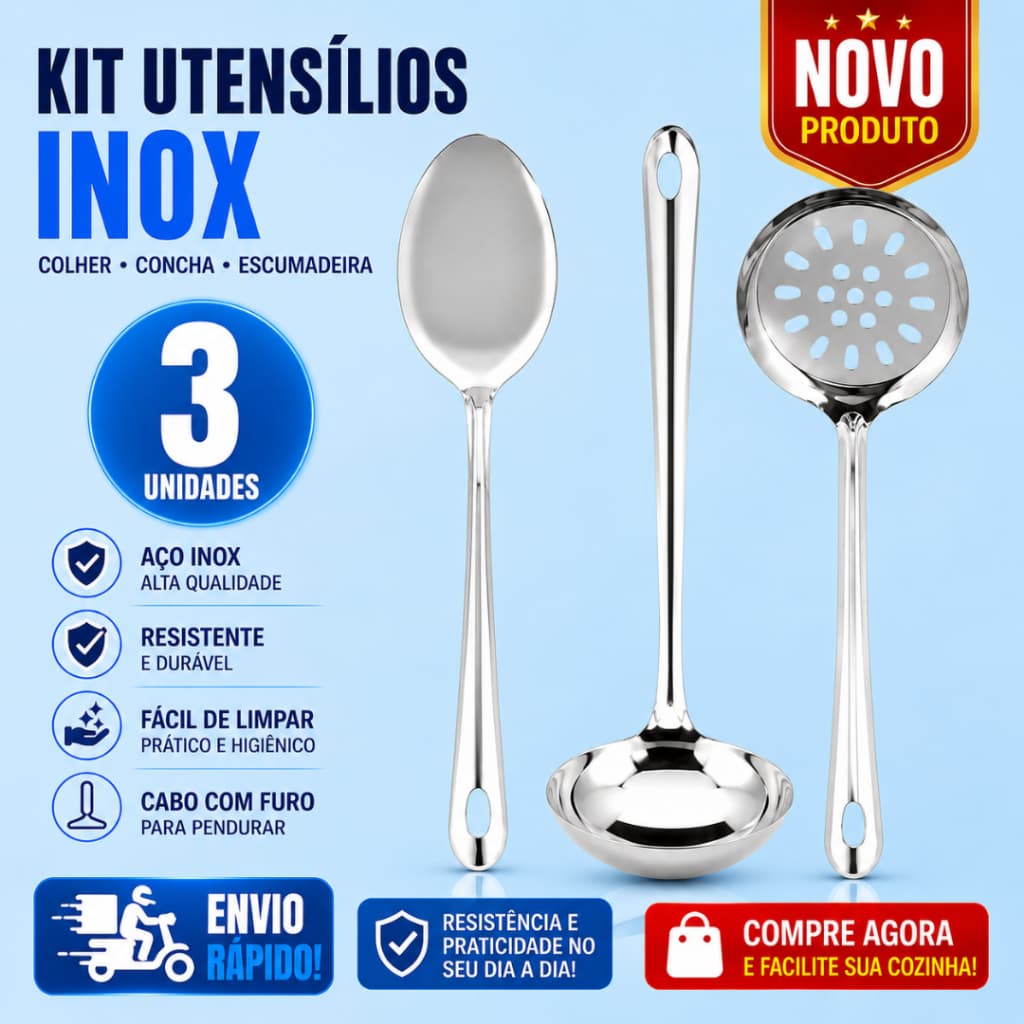 Conjunto Utensílios de Cozinha 3 Peças 100% Inox Colher de Arroz Escumadeira Concha Para Cozinha