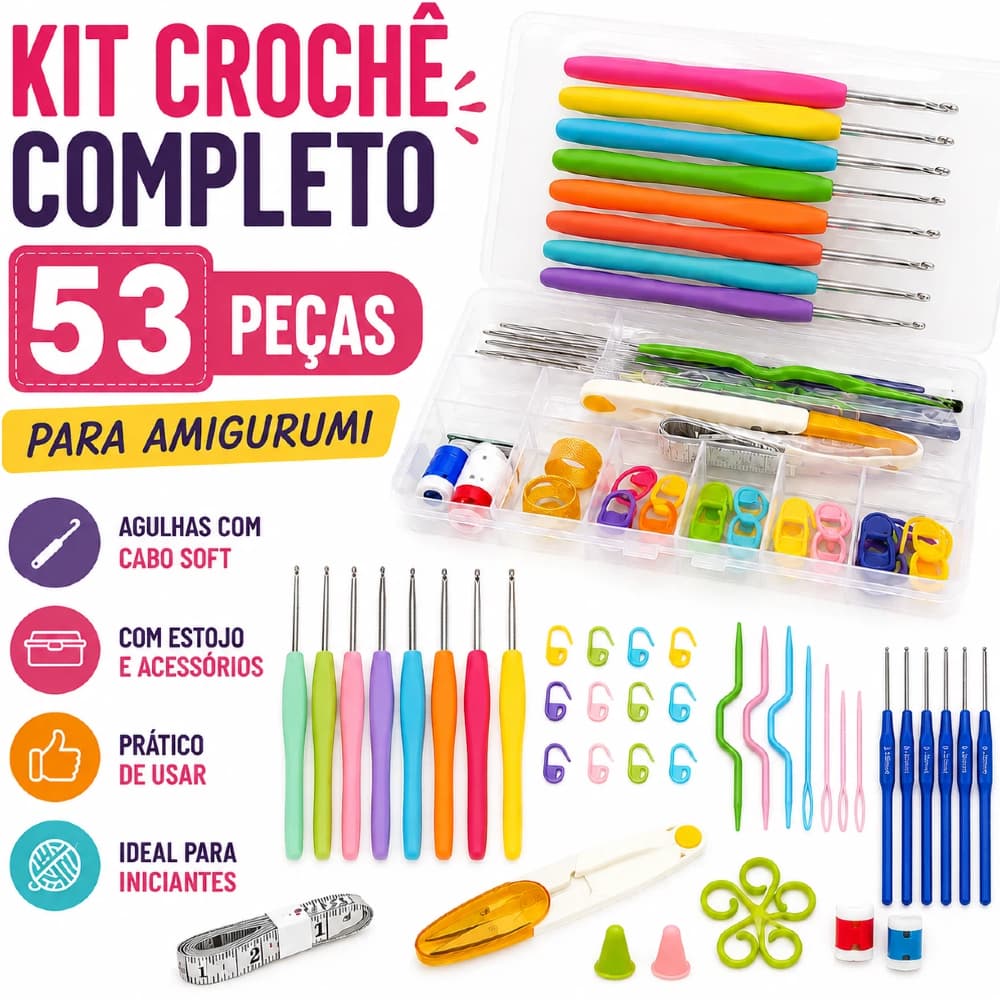 Kit Crochê Completo 53 Peças Para Amigurumi - Agulhas com Cabo Soft +Tesoura +Acessórios, Prático de Usar