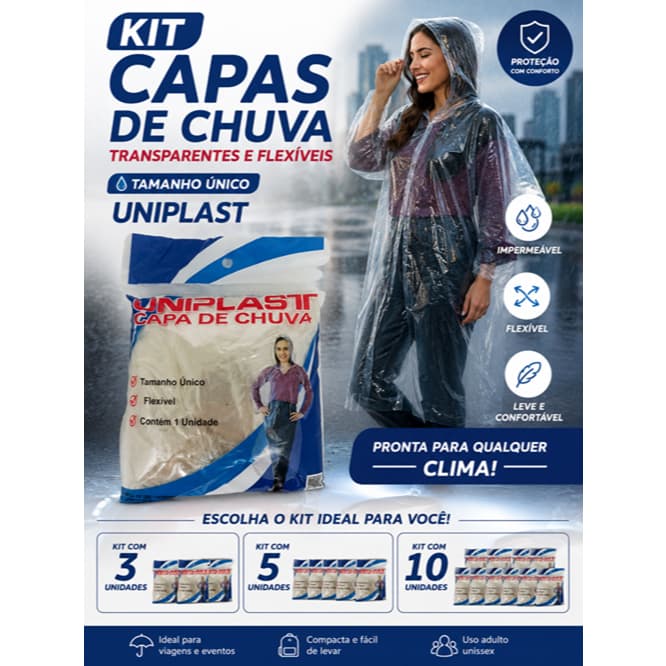 Kit Capas de Chuva Transparentes Flexíveis Uniplast – 3, 5 ou 10 Unidades | Tamanho Único | Impermeável